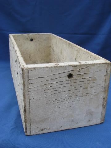 photo of primitive old white paint wood box full of vintage glass bottles #7