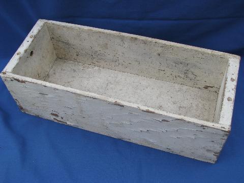 photo of primitive old white paint wood box full of vintage glass bottles #8