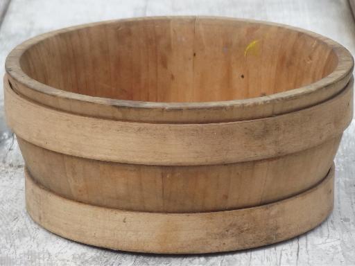 photo of primitive old wood banded bowl, wooden bowl w/ baby barrel shape  #2