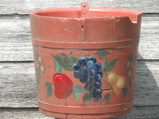 photo of primitive old wood barrel stave sugar bucket, folk art hand-painted fruit #1