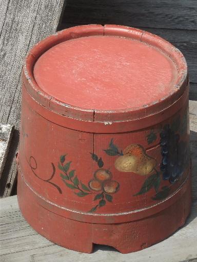 photo of primitive old wood barrel stave sugar bucket, folk art hand-painted fruit #5