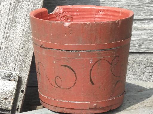 photo of primitive old wood barrel stave sugar bucket, folk art hand-painted fruit #8