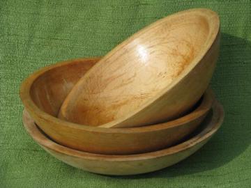 catalog photo of primitive old wood bowls lot, vintage American made woodenware, signed
