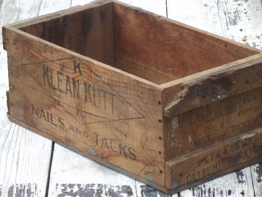 photo of primitive old wood box, wooden packing crate store display for nails & tacks #1