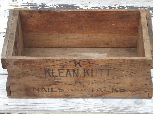 photo of primitive old wood box, wooden packing crate store display for nails & tacks #2