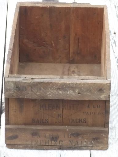 photo of primitive old wood box, wooden packing crate store display for nails & tacks #4