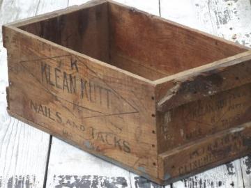 catalog photo of primitive old wood box, wooden packing crate store display for nails & tacks
