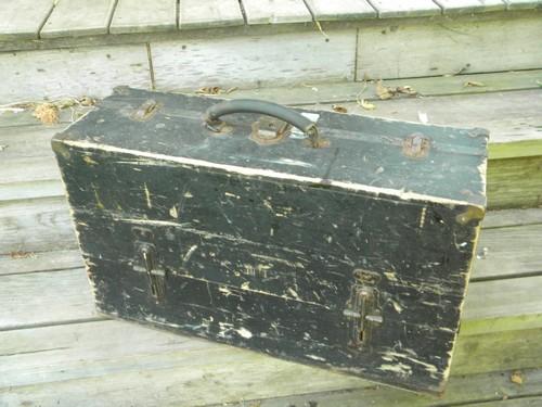 photo of primitive old wood carpenter's tool box w/iron hardware & worn paint #1