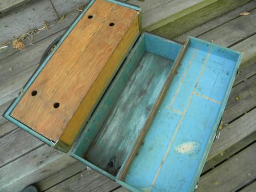 photo of primitive old wood carpenter's tool box w/iron hardware & worn paint #3