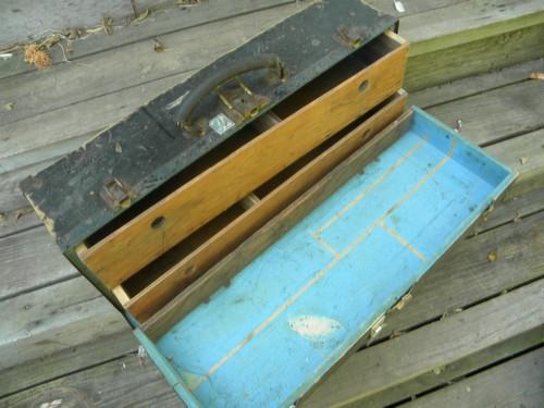 photo of primitive old wood carpenter's tool box w/iron hardware & worn paint #4