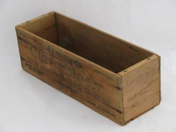 catalog photo of primitive old wood cheese box, vintage Cloverbloom wooden crate