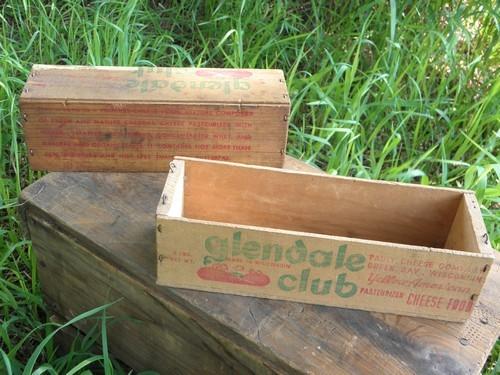 photo of primitive old wood cheese boxes, vintage Glendale wooden crate lot #1