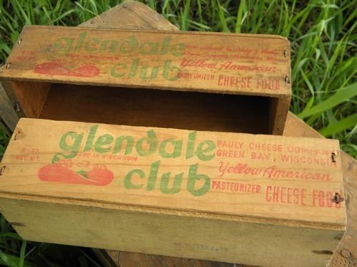 photo of primitive old wood cheese boxes, vintage Glendale wooden crate lot #2