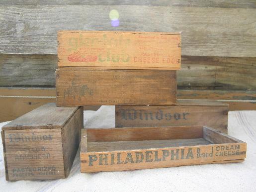 photo of primitive old wood cheese boxes, vintage crates and Philadelphia tray #1