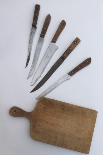 photo of primitive old wood cutting board & lot of vintage kitchen carving knives #1