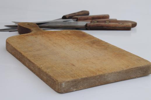 photo of primitive old wood cutting board & lot of vintage kitchen carving knives #3