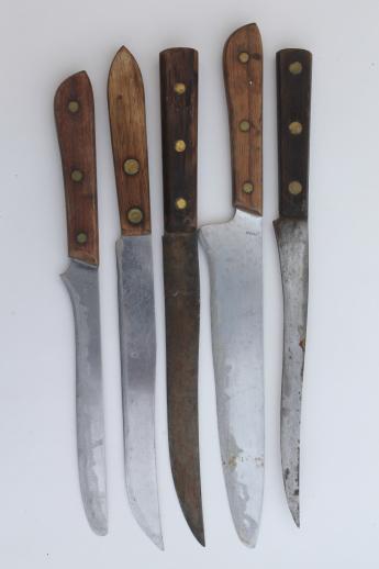 photo of primitive old wood cutting board & lot of vintage kitchen carving knives #5