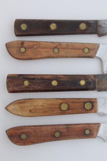 photo of primitive old wood cutting board & lot of vintage kitchen carving knives #6