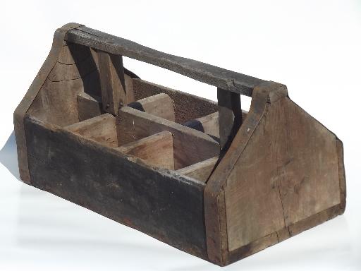 photo of primitive old wood farm tool carrier box, vintage cottage garden tote #1