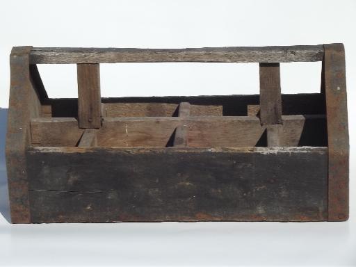 photo of primitive old wood farm tool carrier box, vintage cottage garden tote #2