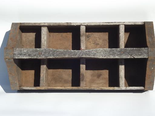 photo of primitive old wood farm tool carrier box, vintage cottage garden tote #4