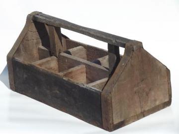 catalog photo of primitive old wood farm tool carrier box, vintage cottage garden tote