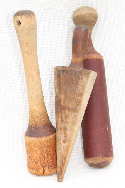 photo of primitive old wood kitchen tools, lot vintage wooden masher, pestle, tamper #1