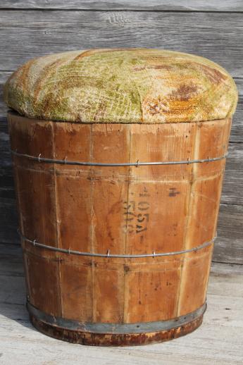 photo of primitive old wooden barrel storage seat, vintage wood bucket sewing box? #1