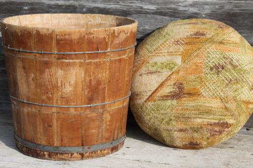 photo of primitive old wooden barrel storage seat, vintage wood bucket sewing box? #2