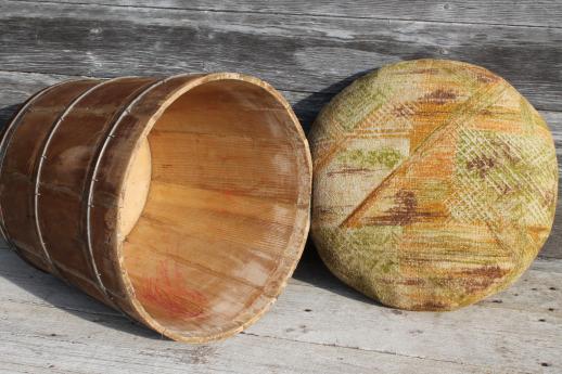 photo of primitive old wooden barrel storage seat, vintage wood bucket sewing box? #4