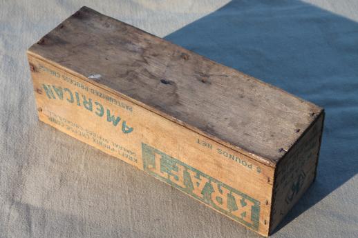 photo of primitive old wooden cheese boxes lot, including vintage Kraft American cheese box #2