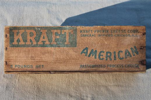 photo of primitive old wooden cheese boxes lot, including vintage Kraft American cheese box #3