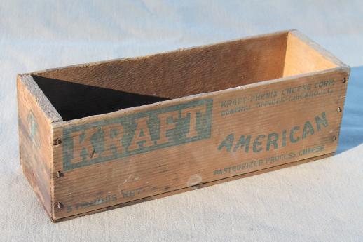 photo of primitive old wooden cheese boxes lot, including vintage Kraft American cheese box #9