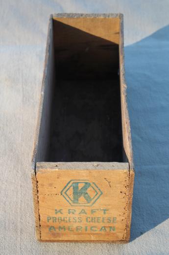 photo of primitive old wooden cheese boxes lot, including vintage Kraft American cheese box #10