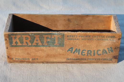 photo of primitive old wooden cheese boxes lot, including vintage Kraft American cheese box #11