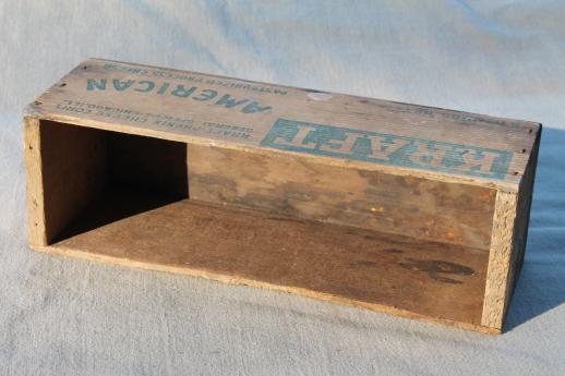 photo of primitive old wooden cheese boxes lot, including vintage Kraft American cheese box #12