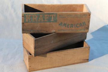 catalog photo of primitive old wooden cheese boxes lot, including vintage Kraft American cheese box