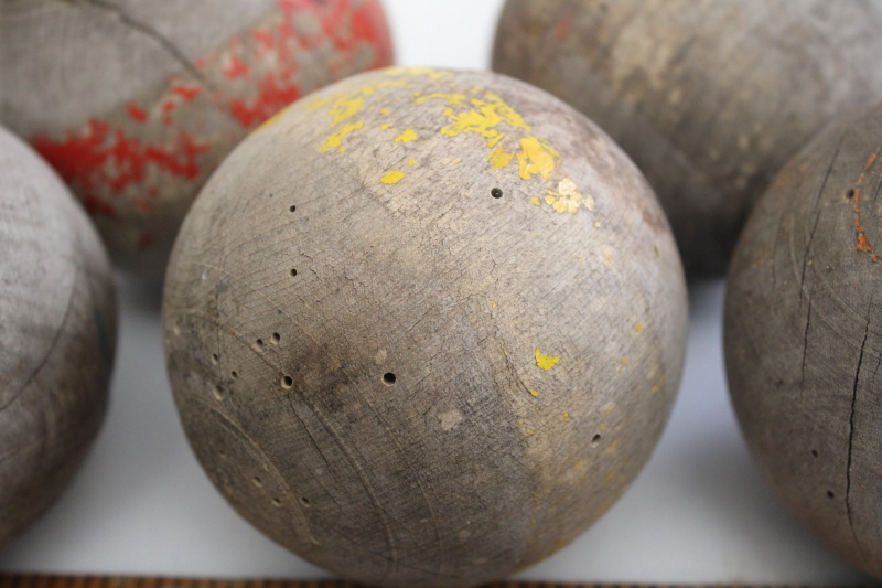 photo of primitive old wooden croquet balls, weathered grey wood w/ worn paint vintage patina #2