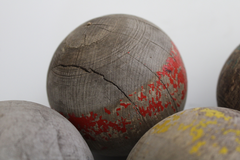 photo of primitive old wooden croquet balls, weathered grey wood w/ worn paint vintage patina #3