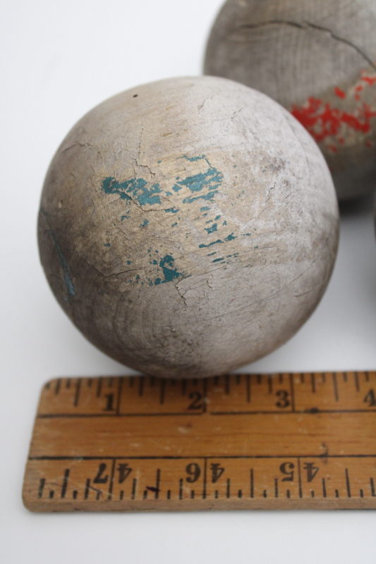 photo of primitive old wooden croquet balls, weathered grey wood w/ worn paint vintage patina #4