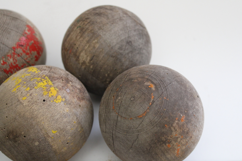 photo of primitive old wooden croquet balls, weathered grey wood w/ worn paint vintage patina #5