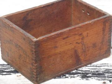 catalog photo of primitive old wooden hardware packing crate, antique dovetailed wood box