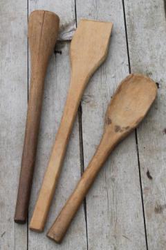 catalog photo of primitive old wooden kitchen utensils - big heavy masher, long wood spoon & scraper