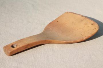 catalog photo of primitive old wooden scoop spoon, vintage butter paddle from farmhouse kitchen