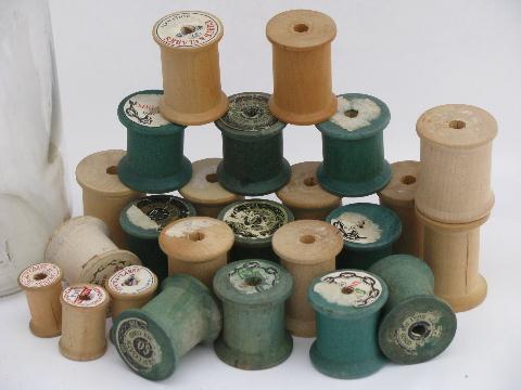 photo of primitive old wooden spools, vintage sewing thread wood spool lot #2