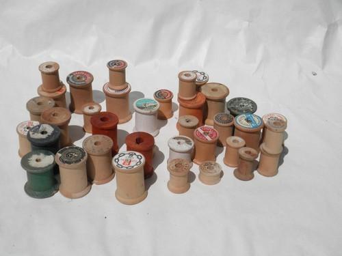 photo of primitive old wooden spools, vintage sewing thread wood spool lot #2