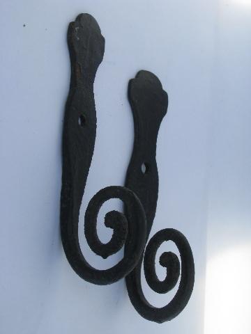 photo of primitive old wrought iron coat hooks w/ big round spirals, vintage country #1