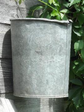 catalog photo of primitive old zinc galvanized metal pail, vintage farm garden flower bucket 