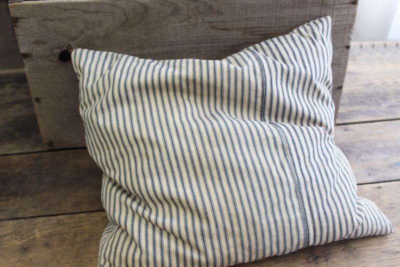 photo of primitive pillow w/ indigo blue striped ticking, antique vintage feather pillow #1