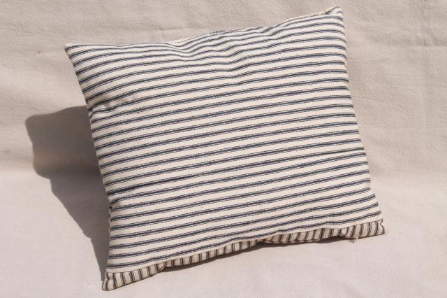 photo of primitive pillow w/ indigo blue striped ticking, antique vintage feather pillow #1